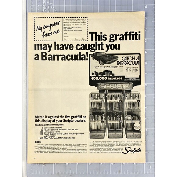 Scripto "Catch a Barracuda Graffiti Contest" Vintage Print Ad 1970 - Picture 2 of 3